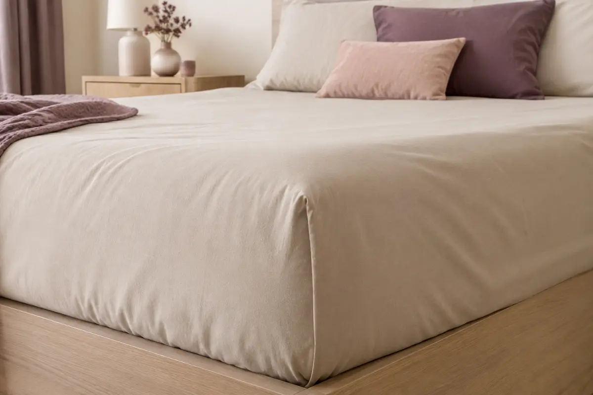 Drap-housse beige en microfibre posé sur un matelas, avec un angle ajusté et un tissu souple.