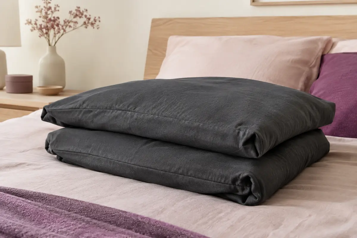 Deux taies d’oreiller anthracite en jersey de coton, aux plis souples, posées sur un lit aux tons doux.