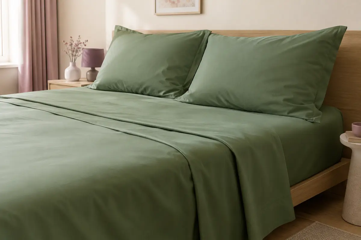 Parure de lit verte en microfibre avec drap plat, drap-housse et deux taies carrées sur un lit.