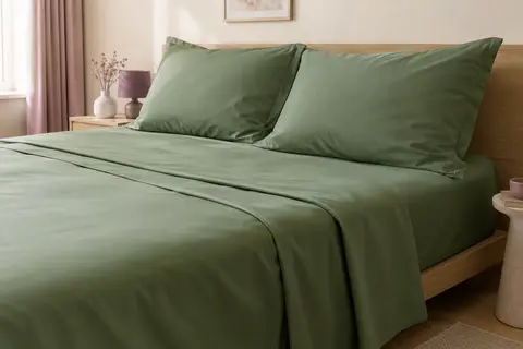 Parure de lit verte en microfibre avec drap plat, drap-housse et deux taies carrées sur un lit.
