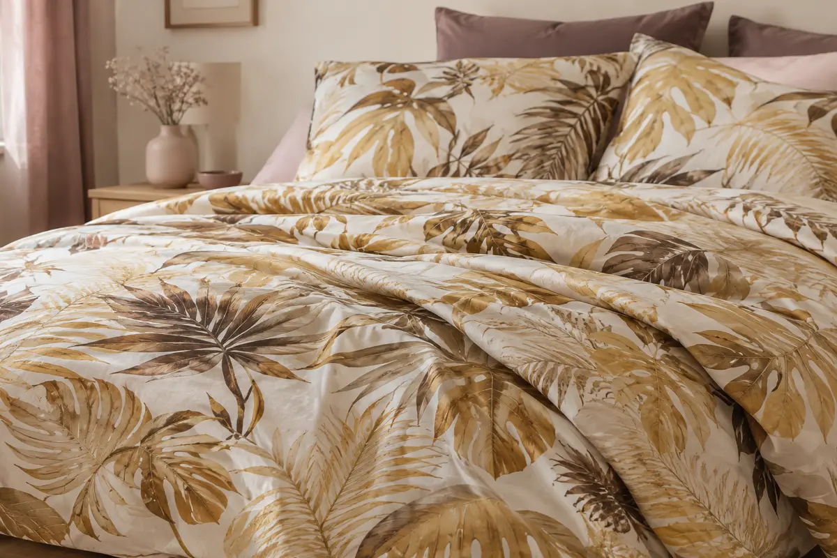 Parure de lit en microfibre à motif jungle doré, avec housse de couette et deux taies sur un lit.