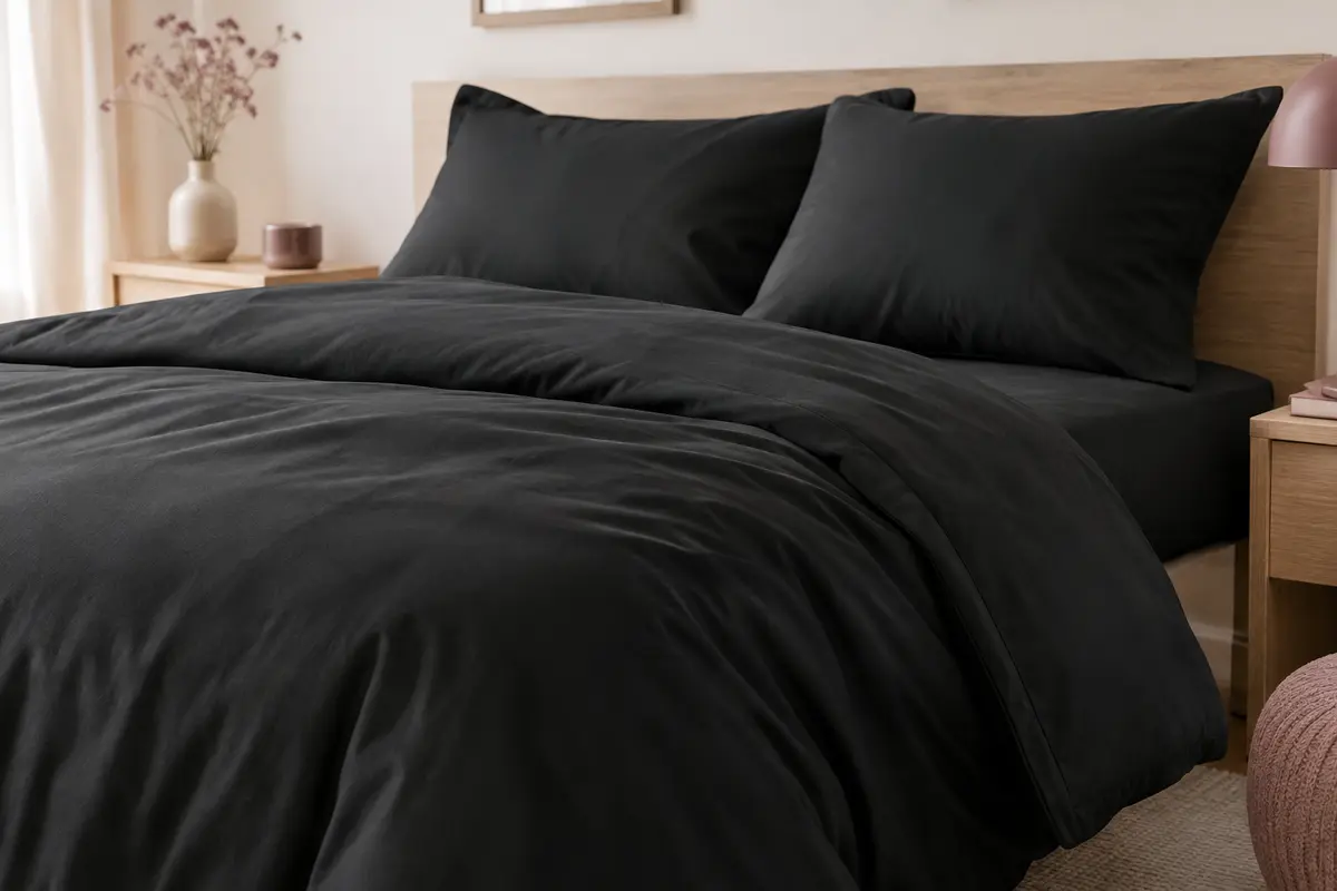 Parure de lit noire en microfibre, avec housse de couette et deux taies assorties sur un lit