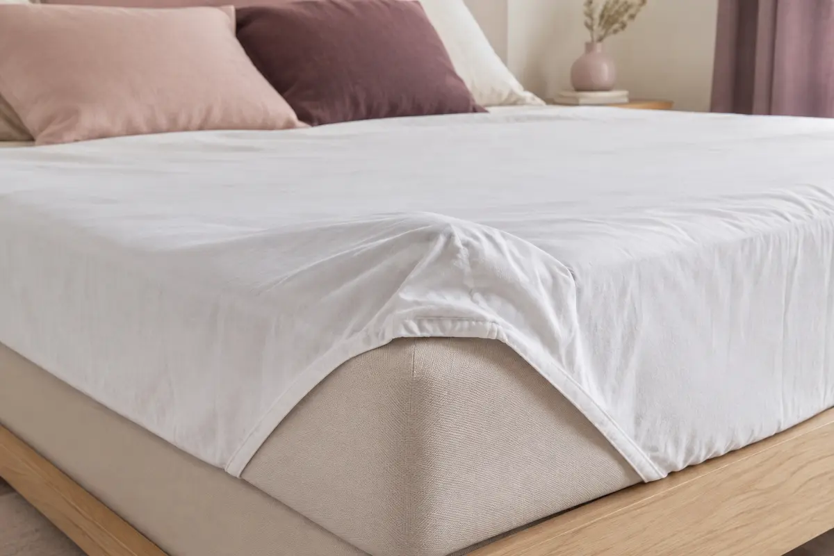 Protège-matelas blanc à quatre coins élastiques posé sur un matelas dans une chambre lumineuse