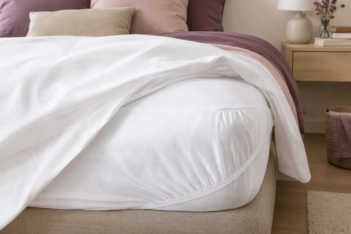 Protège-matelas blanc Dreamzie posé sur un matelas, avec son bonnet élastique visible sous un drap
