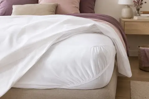 Protège-matelas blanc Dreamzie posé sur un matelas, avec son bonnet élastique visible sous un drap