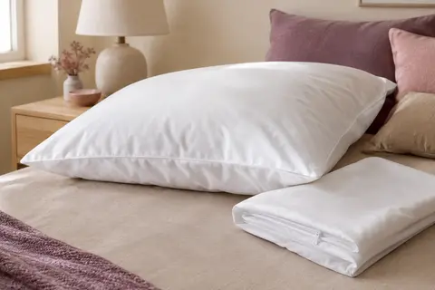 Protège-oreiller blanc en coton avec fermeture zippée, posé sur un lit aux tons ivoire et prune