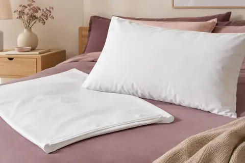 Deux protège-oreillers blancs zippés, dont un ajusté sur un oreiller dans une chambre aux tons ivoire et prune