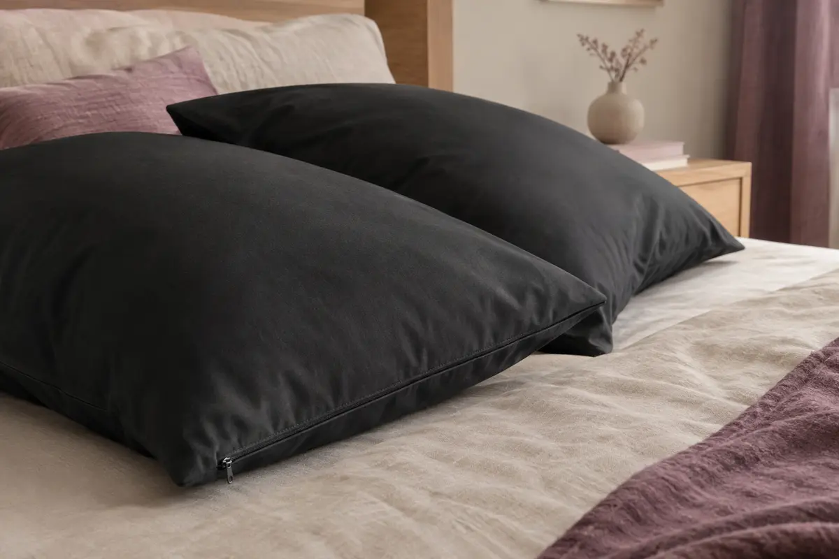 Deux taies d’oreiller noires en coton renforcé posées sur un lit dans une chambre aux tons ivoire et prune.