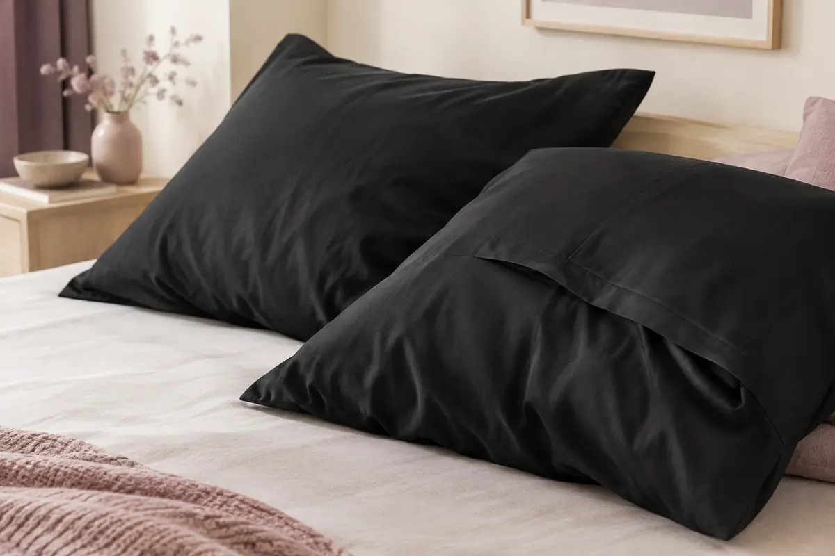 Deux taies d’oreiller noires en microfibre brossée posées sur un lit, avec leur rabat portefeuille visible.