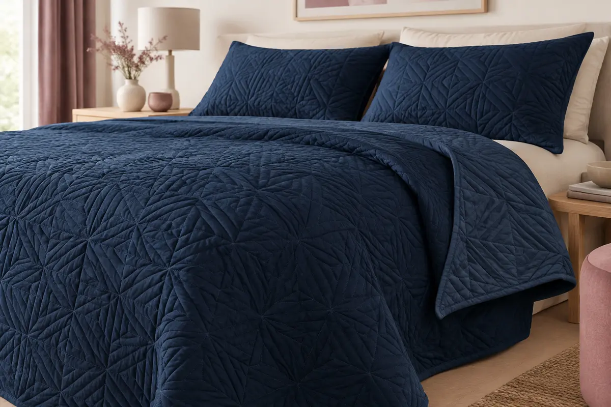 Couvre-lit matelassé bleu marine à motif géométrique sur un lit, avec deux taies assorties