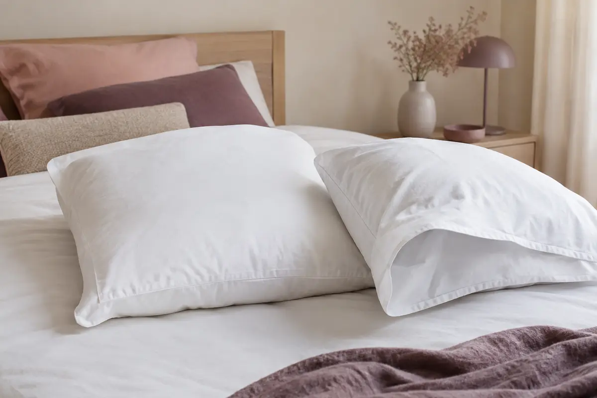 Deux taies d’oreiller blanches en coton, dont une entrouverte pour montrer sa fermeture enveloppe.