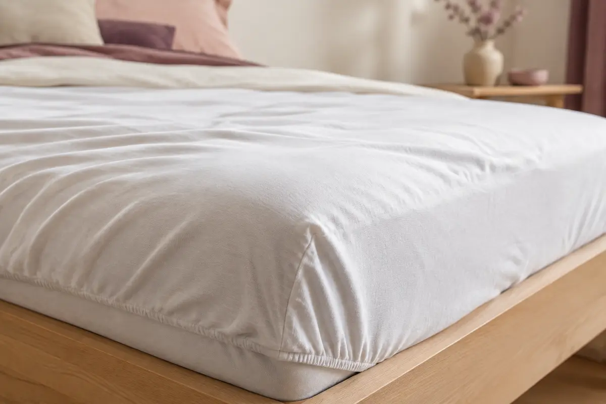 Drap-housse blanc en jersey de coton ajusté sur un matelas, avec un gros plan sur le tissu souple et le bord élastiqué.