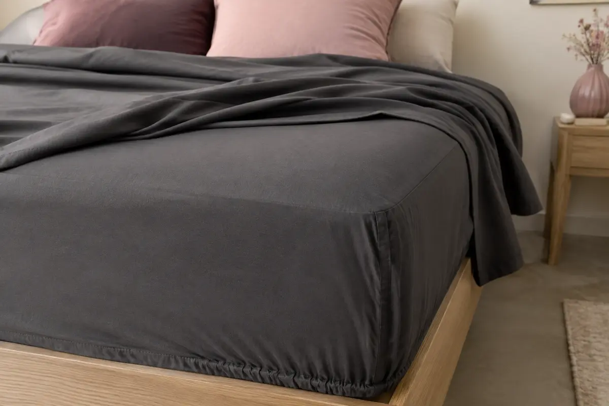 Drap-housse Flowen en microfibre gris foncé ajusté sur un matelas, avec un coin élastiqué visible.
