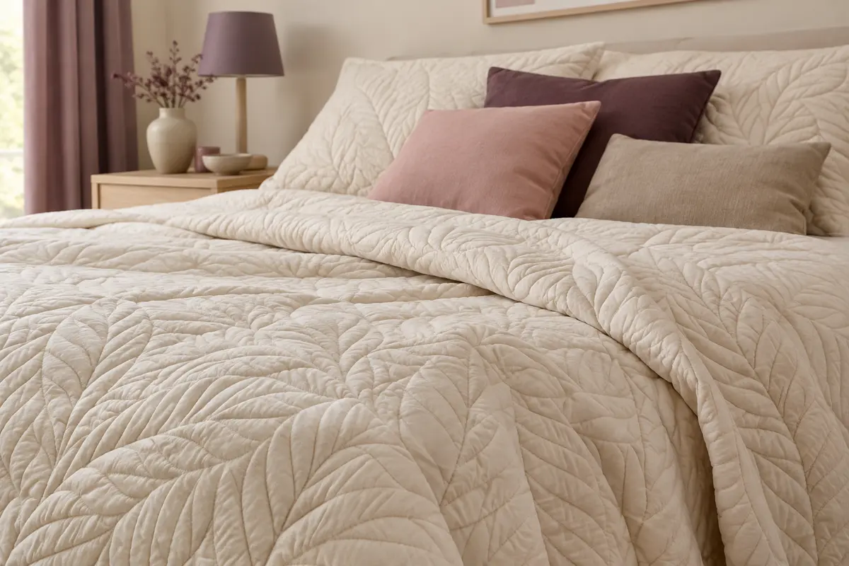Boutis matelassé crème à relief de feuilles, posé sur un lit dans une chambre aux tons ivoire et prune.
