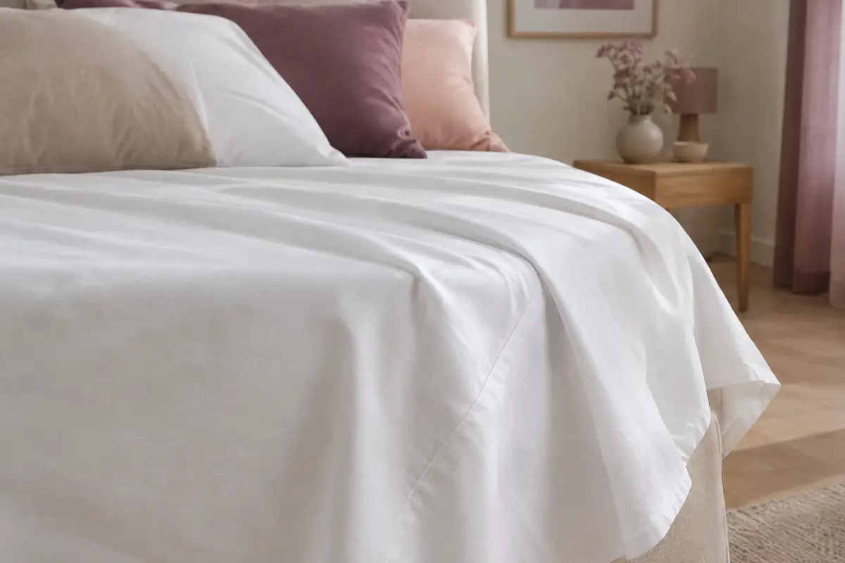 Drap plat blanc en coton posé sur un lit, avec un tombé souple et des plis naturels