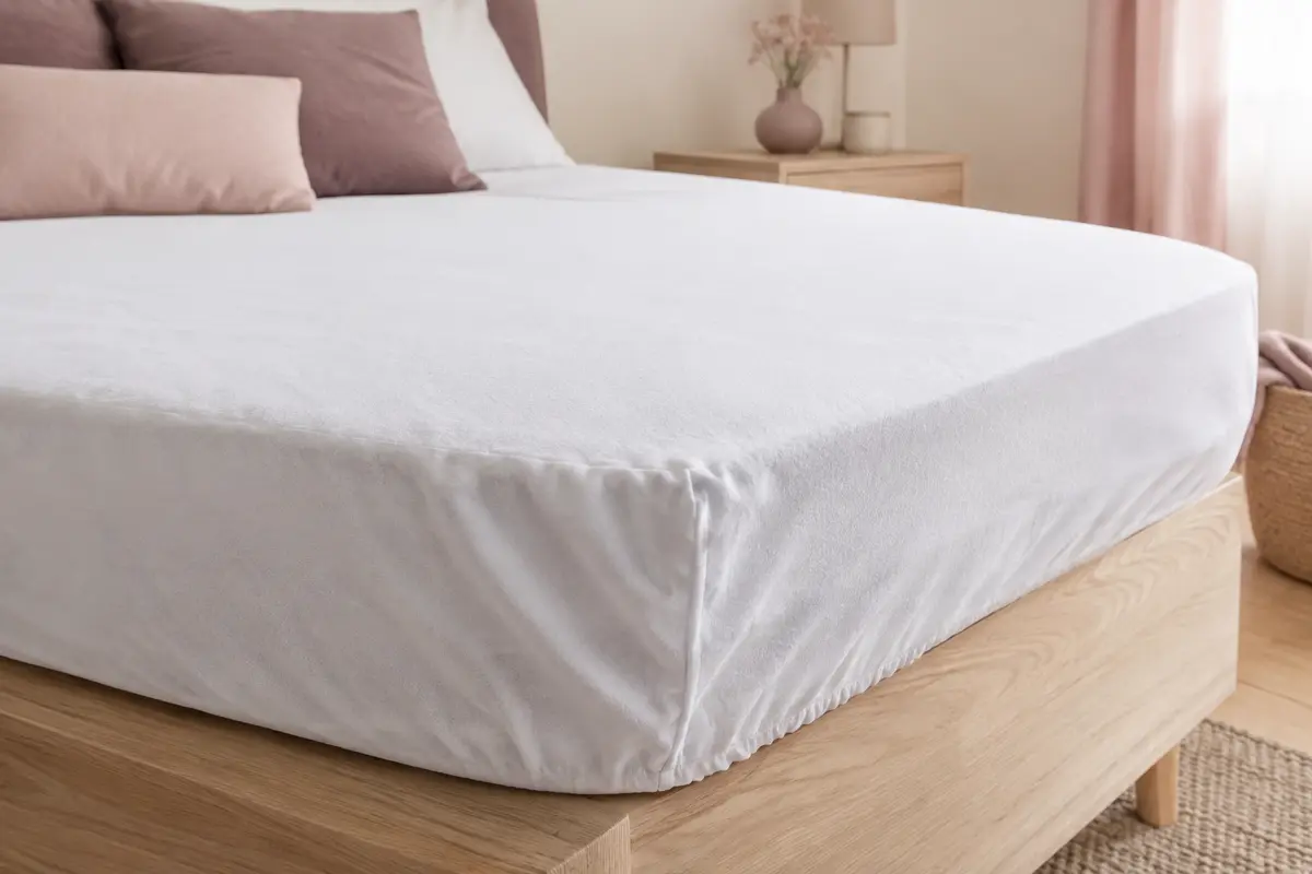 Protège-matelas blanc imperméable posé sur un lit, avec le bonnet ajusté autour du matelas.