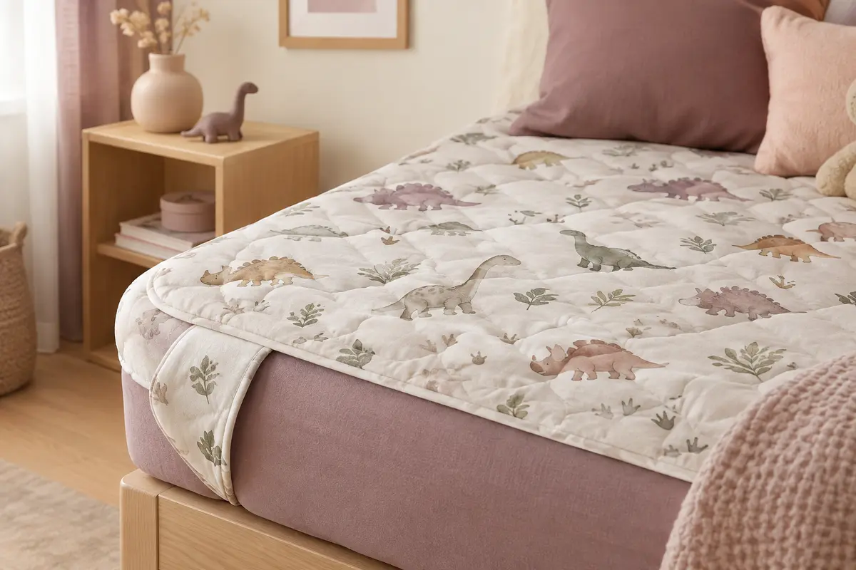 Alèse enfant matelassée à motif dinosaures, avec ses rabats glissés sous le matelas dans une chambre douce.
