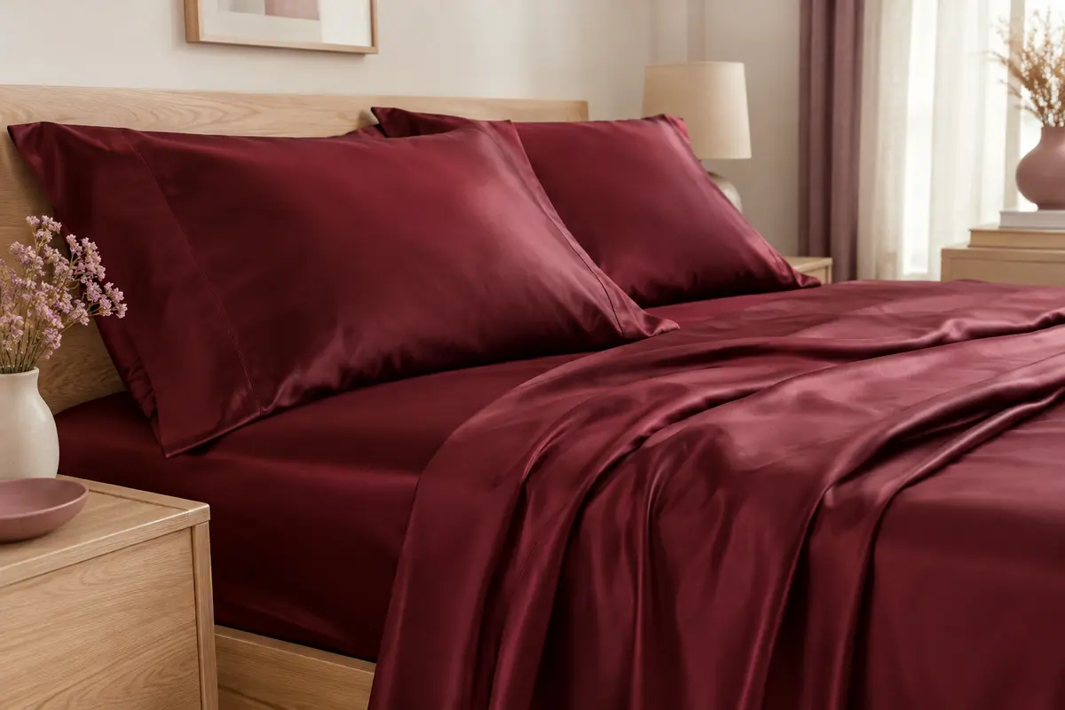 Parure de lit unie rouge vineux en satin de polyester, avec drap plat, drap-housse et deux taies