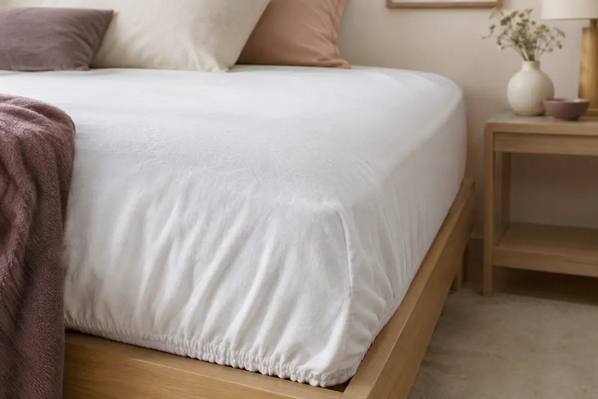 Protège-matelas blanc en coton posé sur un lit, avec son bord élastiqué visible et un tombé souple.