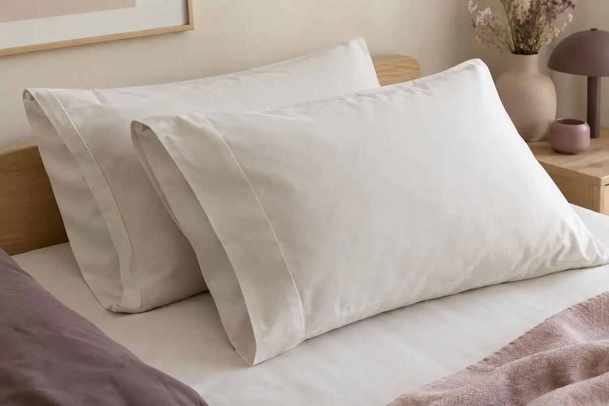 Deux taies d’oreiller unies en coton blanc naturel, avec fermeture enveloppe et coutures visibles sur un lit