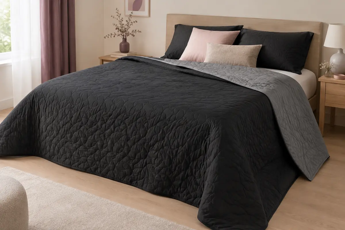 Boutis uni noir et gris en microfibre posé sur un lit, avec un pan replié pour montrer ses deux faces.