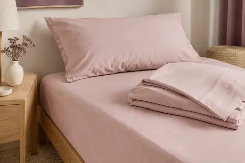 Parure de draps rose poudré avec drap-housse, drap plat et taie sur un lit simple