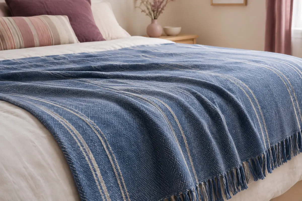 Jeté couvre-lit bleu à rayures tissées posé sur un lit dans une chambre lumineuse aux tons doux.
