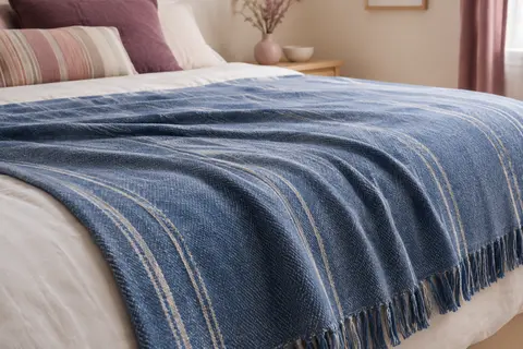 Jeté couvre-lit bleu à rayures tissées posé sur un lit dans une chambre lumineuse aux tons doux.