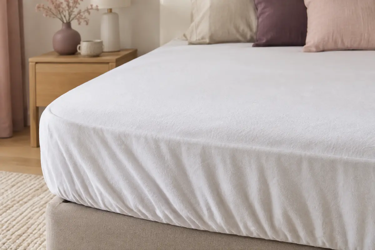 Protège-matelas blanc en molleton de coton installé sur un lit, avec le tissu visible sur les bords du matelas.