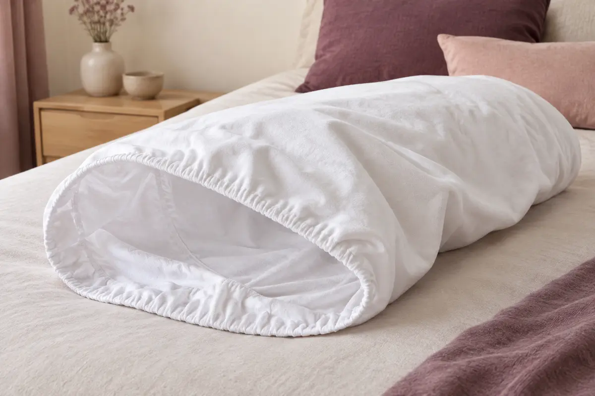 Sous-taie de traversin blanche en molleton de coton, avec ouverture élastiquée et tissu texturé