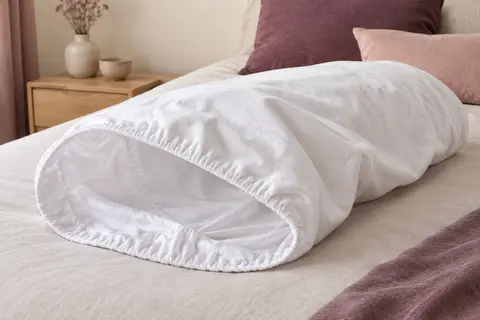 Sous-taie de traversin blanche en molleton de coton, avec ouverture élastiquée et tissu texturé
