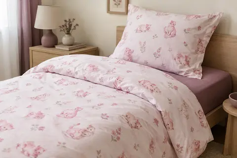 Parure de lit en coton à motif de chatons roses, installée sur un lit simple dans une chambre aux tons doux.