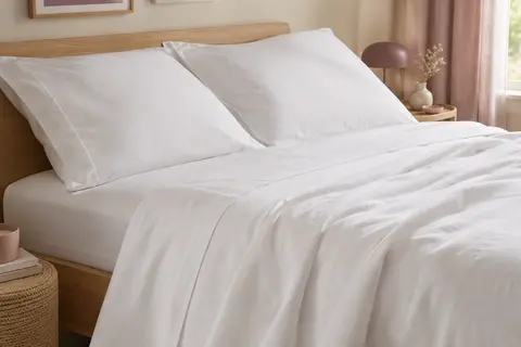 Parure blanche en microfibre sur un lit, avec drap plat, drap-housse et deux taies assorties.