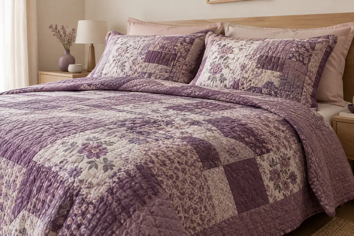Boutis matelassé violet à motifs floraux disposé sur un lit avec deux taies assorties