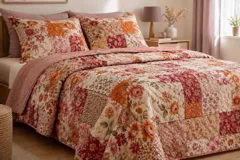 Boutis réversible à patchwork floral posé sur un lit avec deux taies assorties