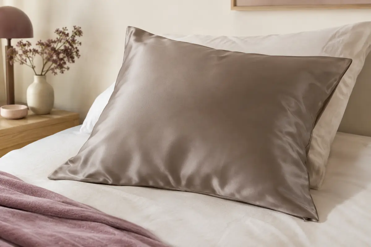Taie d’oreiller carrée taupe en soie de mûrier, avec fermeture éclair discrète et tissu lisse