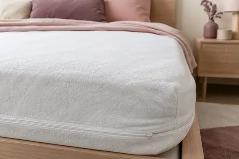 Housse intégrale blanche en éponge bouclette ajustée autour d’un matelas, avec texture et fermeture visibles.
