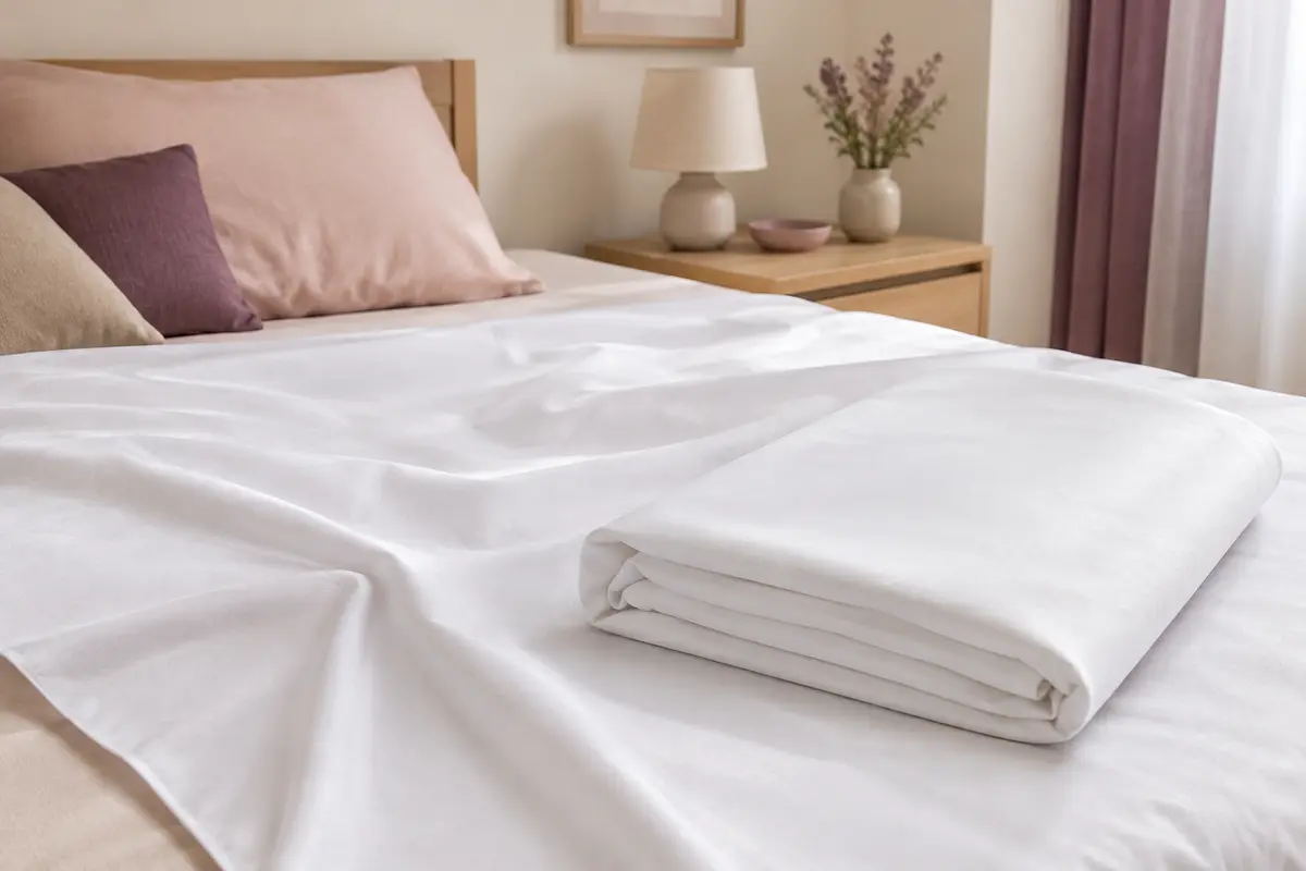 Deux alèses blanches en polyester, l’une posée à plat et l’autre pliée sur un lit