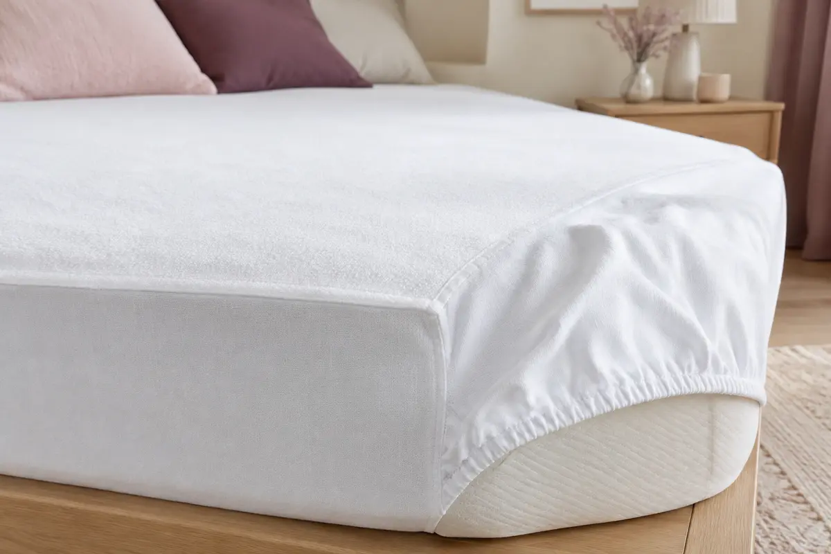 Protège-matelas blanc en molleton de coton, posé sur un matelas avec son bord élastiqué visible.