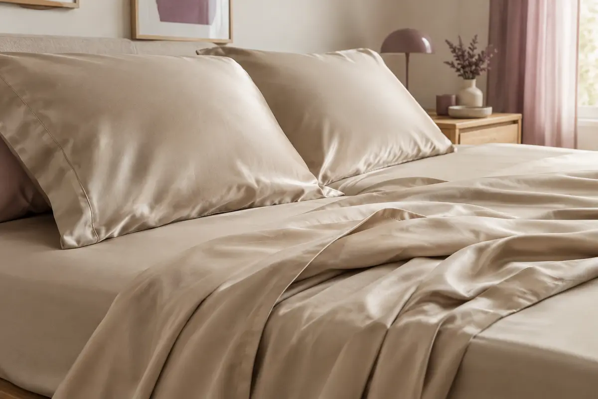 Parure de lit beige en satin de polyester, avec drap plat et deux taies assorties sur un lit