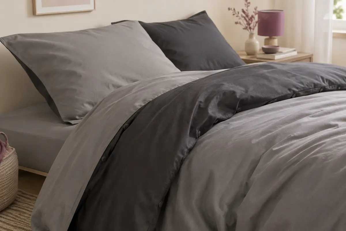 Parure de lit réversible en coton gris et anthracite, avec housse de couette et deux taies assorties
