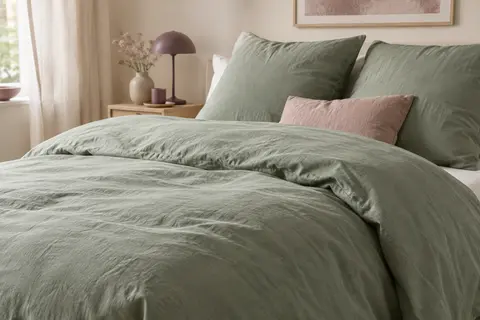 Parure vert sauge en coton lavé froissé avec housse de couette et deux taies carrées assorties