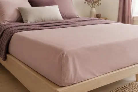 Drap-housse uni en coton Rose des Sables installé sur un matelas, avec un angle bordé et des plis visibles.