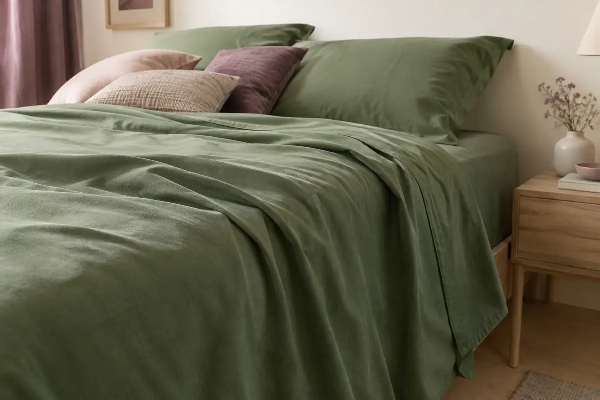 Drap plat en coton vert uni posé sur un lit, avec ses plis et son tombé naturel visibles