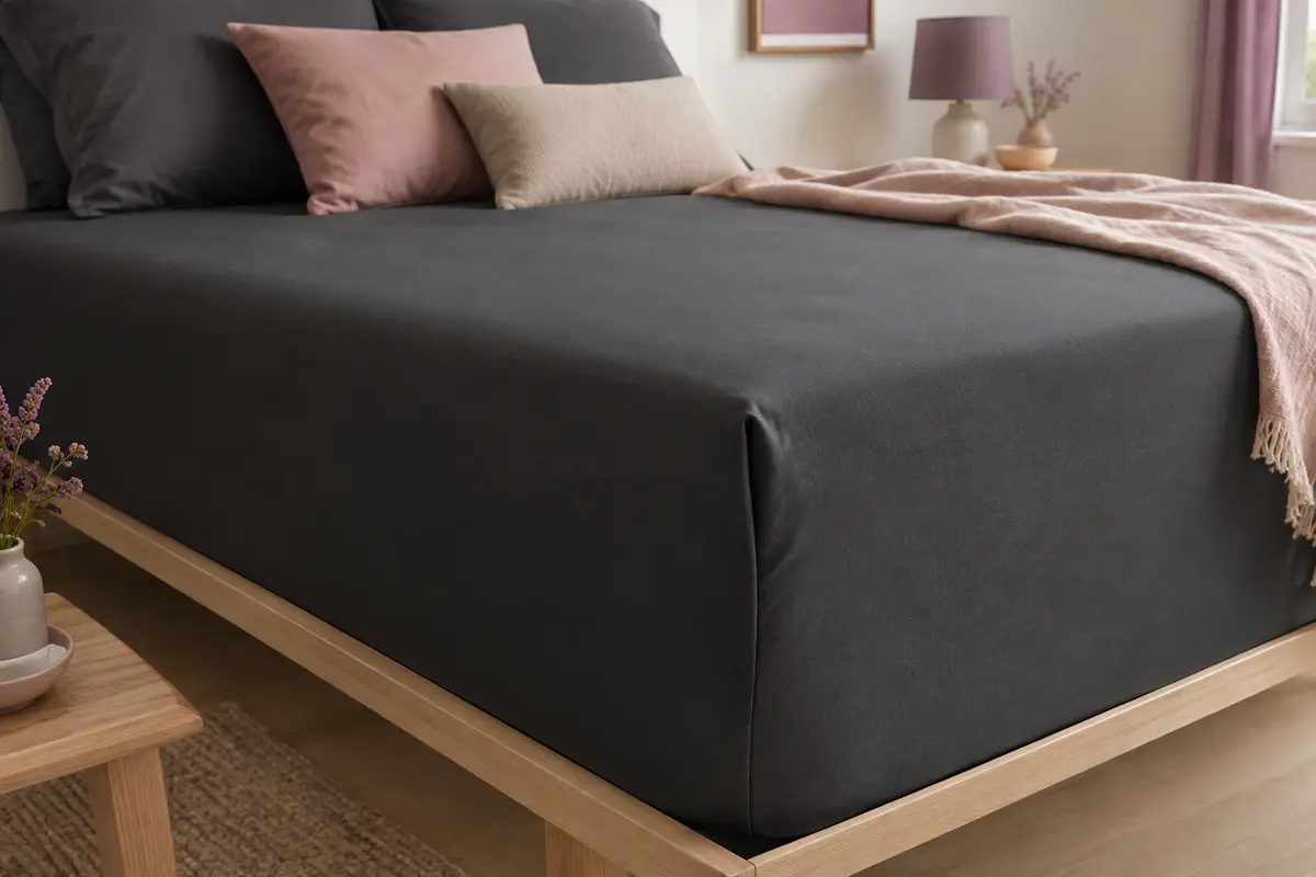 Drap-housse gris foncé en microfibre brossée ajusté sur un matelas dans une chambre aux tons doux.