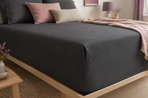 Drap-housse gris foncé en microfibre brossée ajusté sur un matelas dans une chambre aux tons doux.