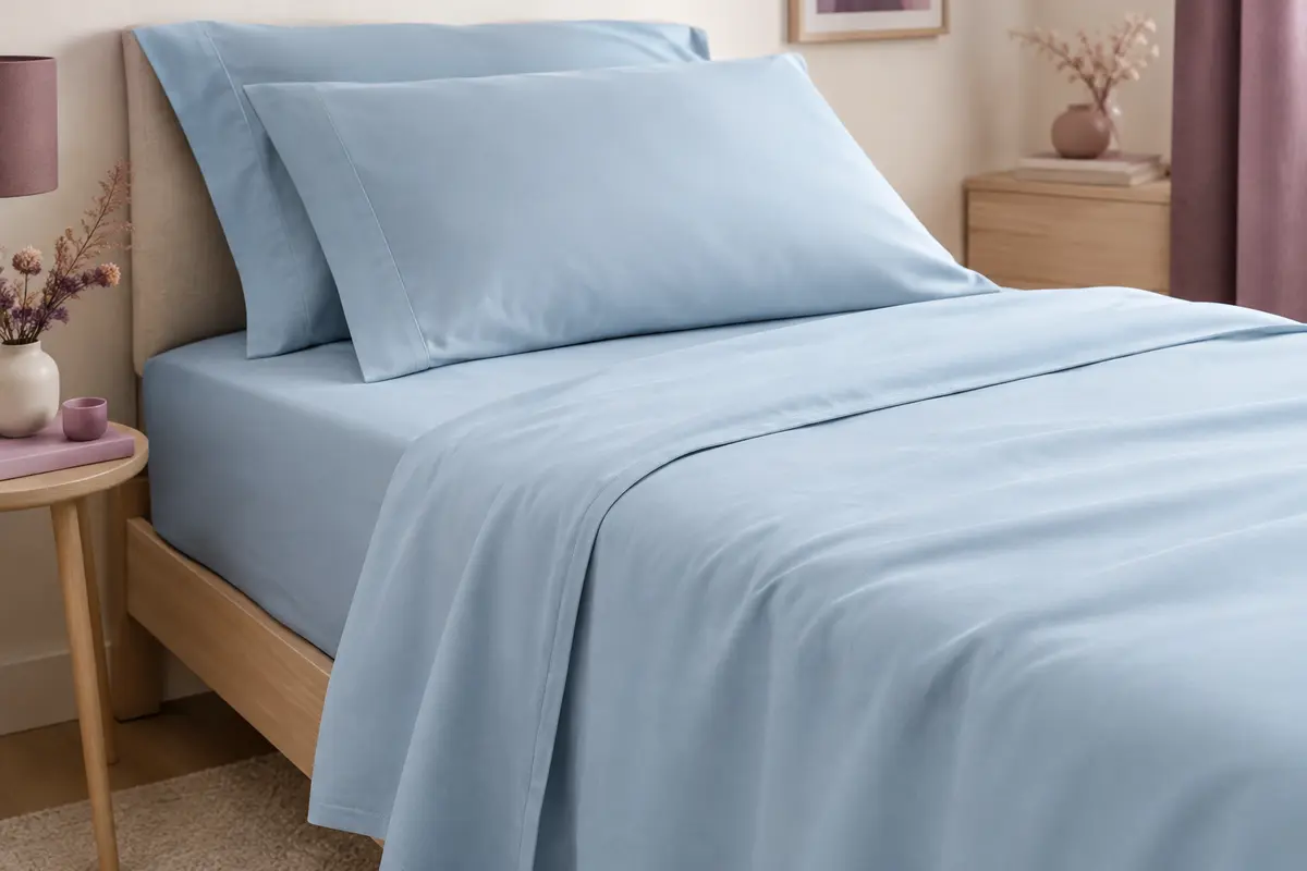 Parure Todocama bleu clair en microfibre brossée, avec drap plat, drap-housse et deux taies sur un lit.