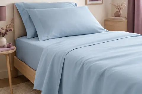Parure Todocama bleu clair en microfibre brossée, avec drap plat, drap-housse et deux taies sur un lit.