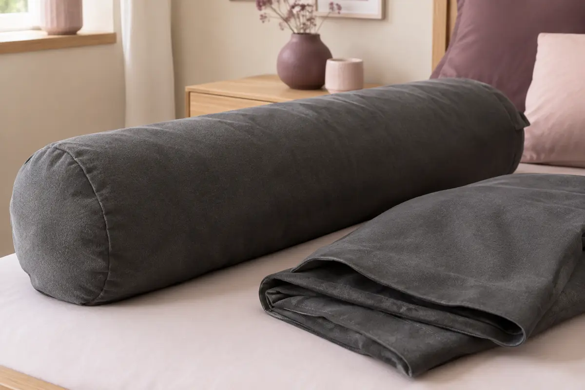 Deux taies de traversin en microfibre gris foncé, dont une installée sur un traversin dans une chambre claire.