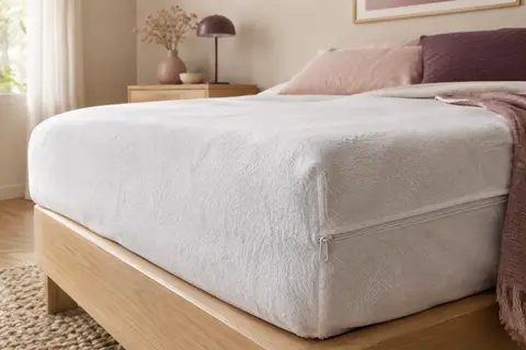 Housse intégrale blanche en coton éponge sur un matelas, avec fermeture éclair et plis visibles dans une chambre douce.